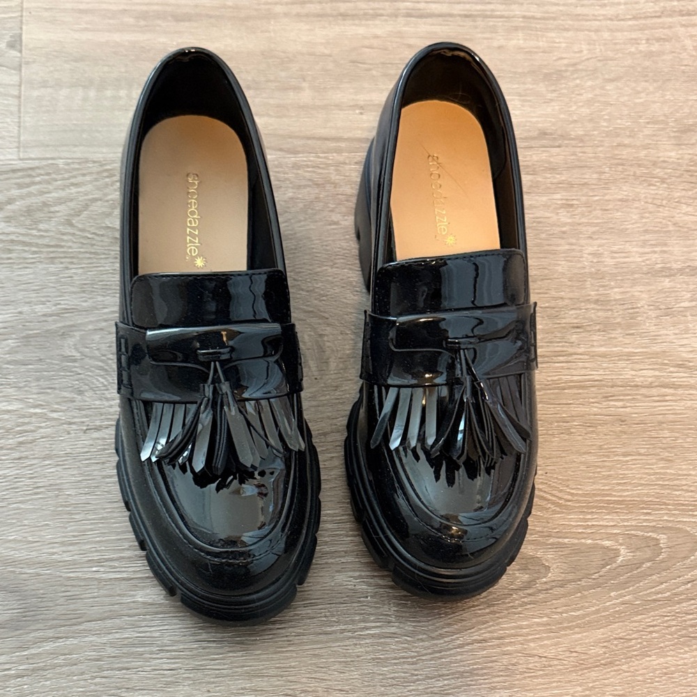 Shoe Dazzle Shiny Black Tassel Loafers